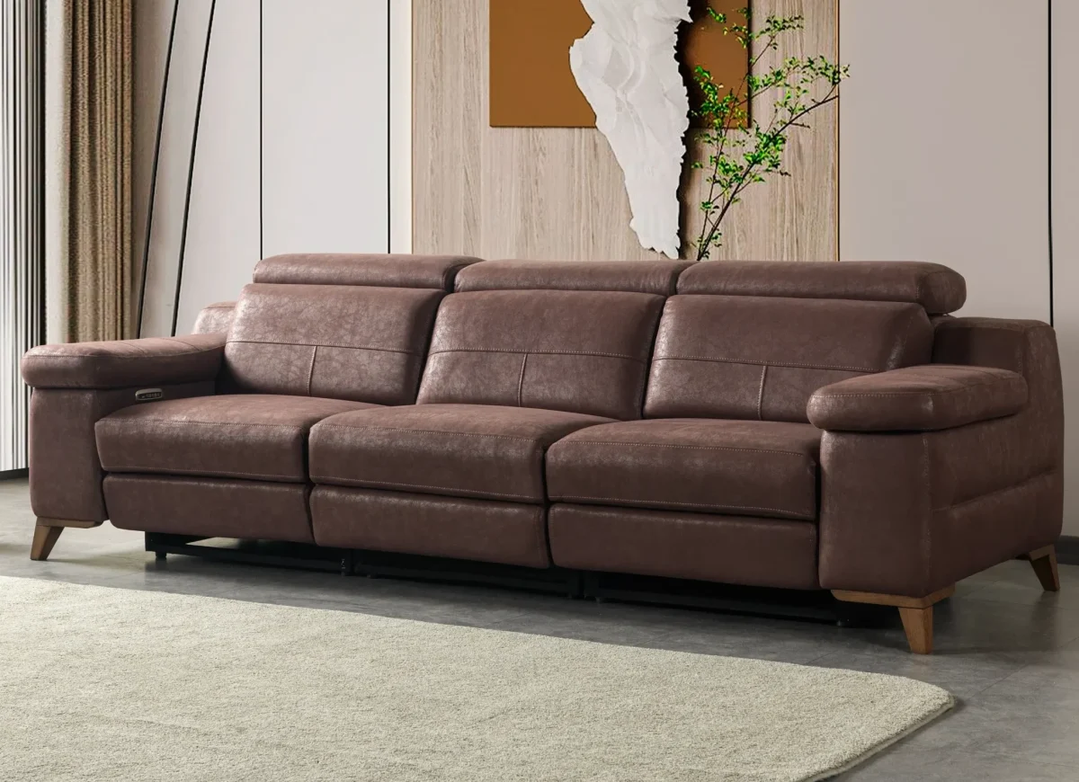 Relaxo Three Seater Recliner Sofa modern brown 3-seater couch featuring integrated reclining mechanisms, customizable headrests, and plush armrest cushioning.