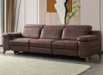 Relaxo Three Seater Recliner Sofa modern brown 3-seater couch featuring integrated reclining mechanisms, customizable headrests, and plush armrest cushioning.