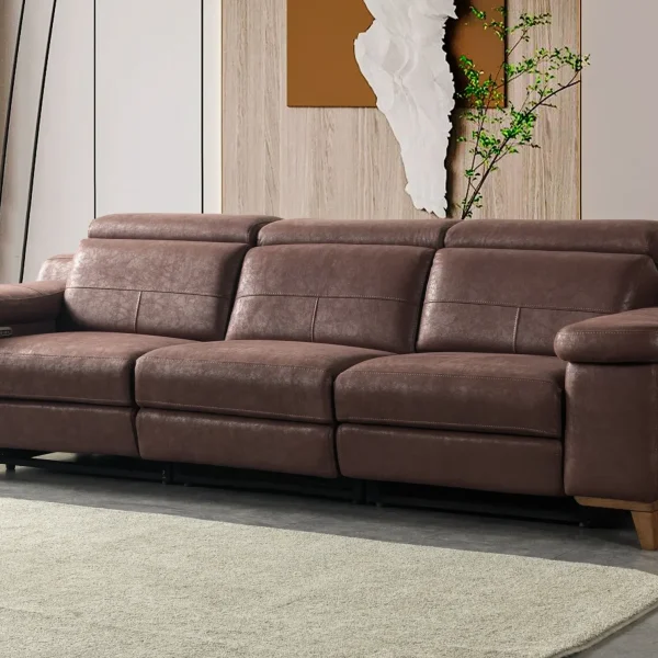 Relaxo Three Seater Recliner Sofa modern brown 3-seater couch featuring integrated reclining mechanisms, customizable headrests, and plush armrest cushioning.
