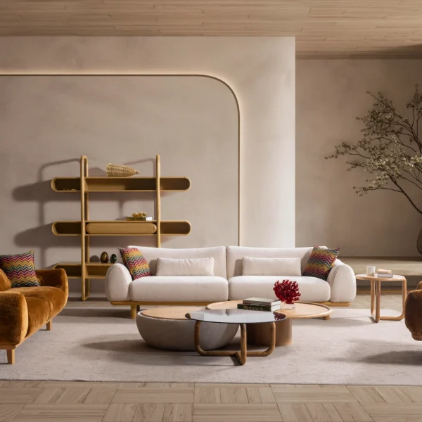 The Thalia Sofa Set redefines modern elegance with its fluid, organic silhouette and tactile fabric. A masterpiece of comfort designed for sophisticated homes.
