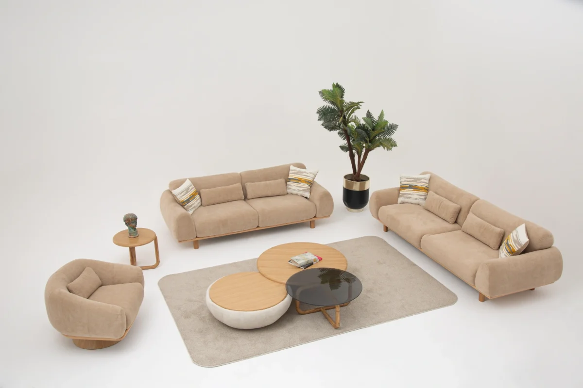 The Thalia Sofa Set redefines modern elegance with its fluid, organic silhouette and tactile fabric. A masterpiece of comfort designed for sophisticated homes.