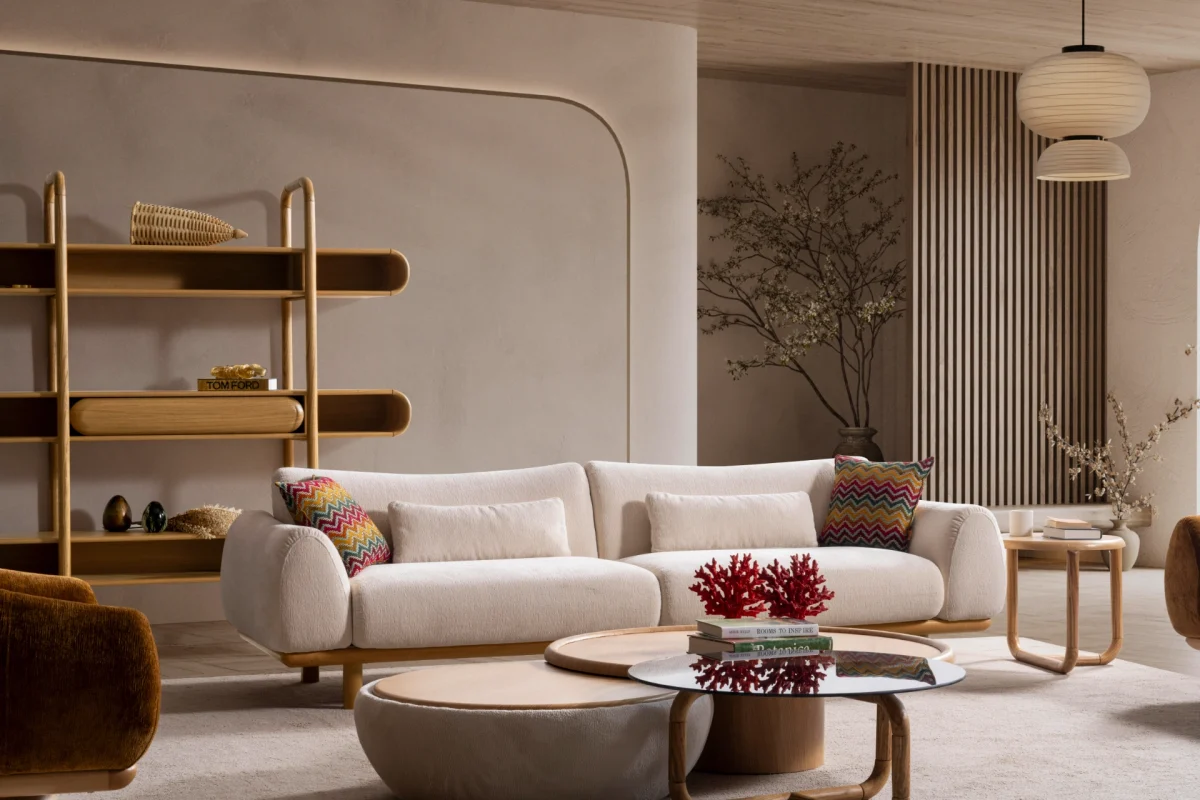 The Thalia Sofa combines organic, rounded lines with the rich texture of premium fabric. A bold piece that brings modern warmth to any living room.