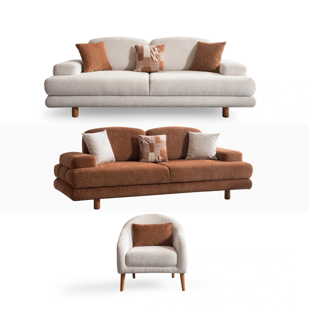 Troyas Sofa Set SofaTurkey troyas sofa luxury living room turkish sofa set fmodern sofa suite premium furniture 1 A harmonized Troyas sofa set showcasing a visual dialogue between warm terracotta and ivory tones, featuring matching organic curved silhouettes in a luxury contemporary setting – SofaTurkey.