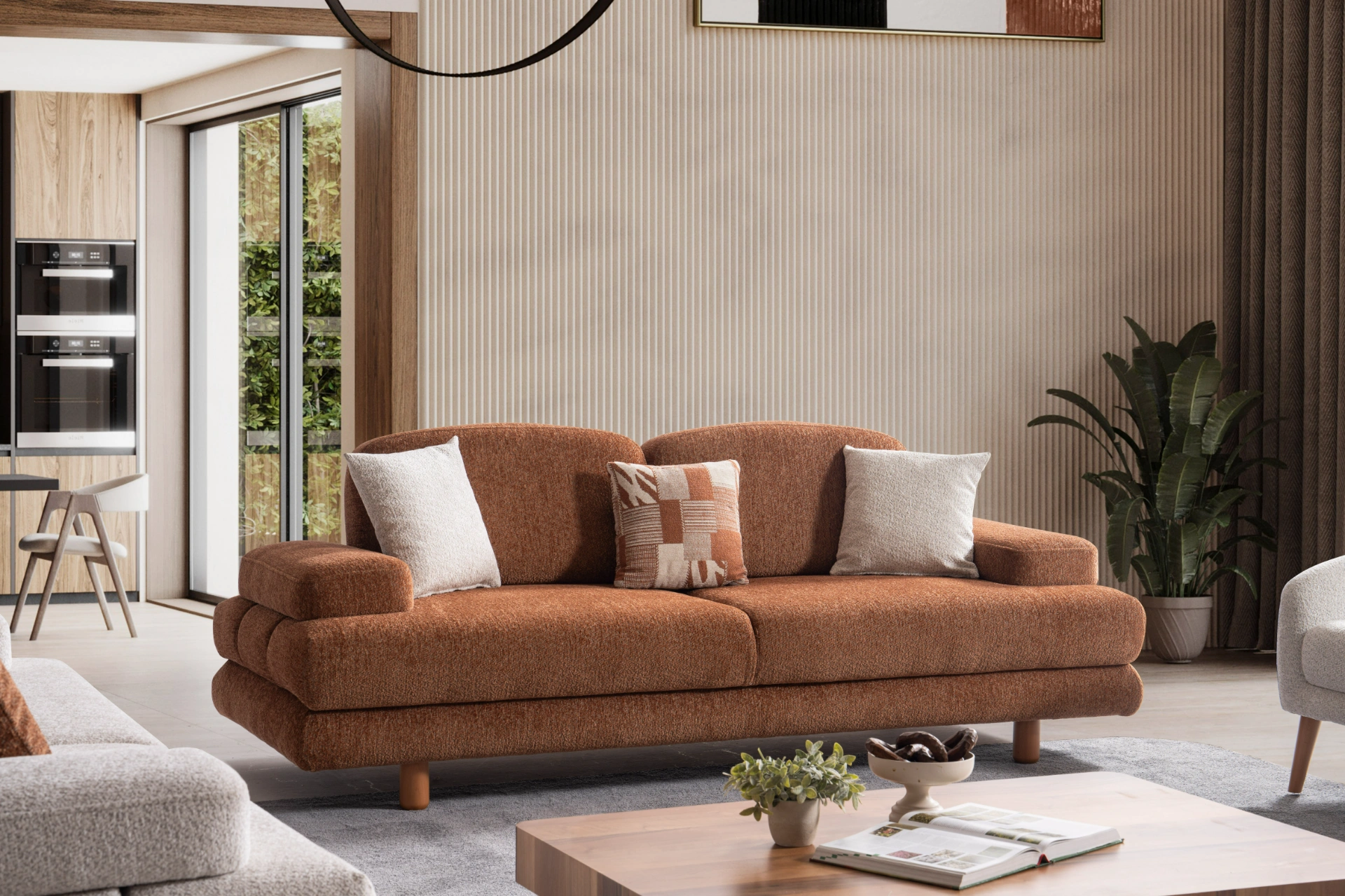 Troyas Sofa Set SofaTurkey troyas sofa luxury living room turkish sofa set modern sofa suite premium furniture 1 Modern living room featuring the Troyas sofa set in a warm terracotta hue, showcasing soft curves and a textured finish for a cozy, contemporary aesthetic – SofaTurkey.