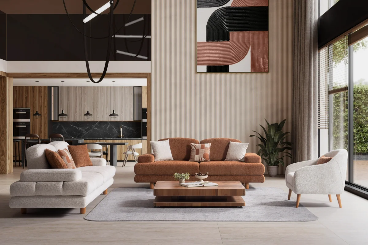 A harmonized Troyas sofa set showcasing a visual dialogue between warm terracotta and ivory tones, featuring matching organic curved silhouettes in a luxury contemporary setting – SofaTurkey.
