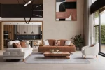 A harmonized Troyas sofa set showcasing a visual dialogue between warm terracotta and ivory tones, featuring matching organic curved silhouettes in a luxury contemporary setting – SofaTurkey.