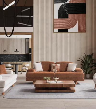 A harmonized Troyas sofa set showcasing a visual dialogue between warm terracotta and ivory tones, featuring matching organic curved silhouettes in a luxury contemporary setting – SofaTurkey.