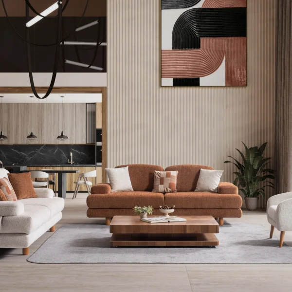 A harmonized Troyas sofa set showcasing a visual dialogue between warm terracotta and ivory tones, featuring matching organic curved silhouettes in a luxury contemporary setting – SofaTurkey.