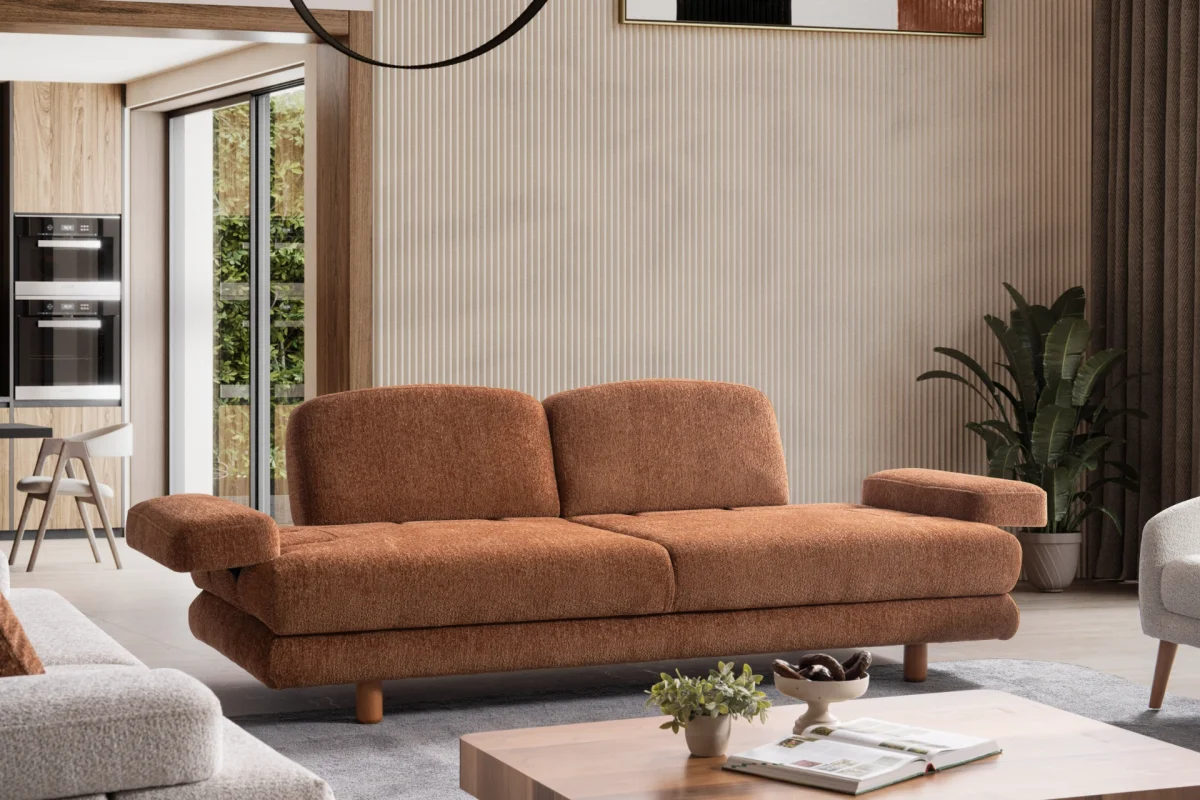 Modern living room featuring the Troyas sofa set in a warm terracotta hue, showcasing soft curves and a textured finish for a cozy, contemporary aesthetic – SofaTurkey.