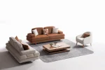 A harmonized Troyas sofa set showcasing a visual dialogue between warm terracotta and ivory tones, featuring matching organic curved silhouettes in a luxury contemporary setting – SofaTurkey.