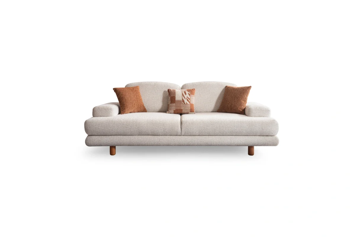 Troyas modern sofa set featuring a curved silhouette and rich textured fabric in terracotta and ivory cream, styled for a luxury contemporary living room – SofaTurkey.