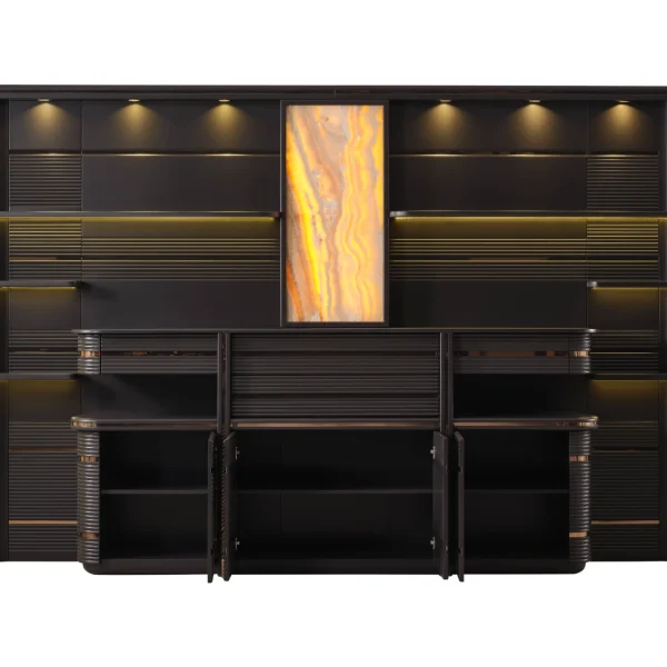 Zenith Cabinet and Panel is a monumental storage solution for high-end offices. Combining architectural linear patterns with warm onyx lighting, it defines executive prestige.