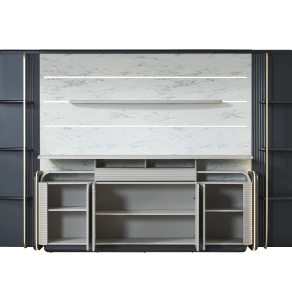 Alpha Cabinet and Panel creates the perfect backdrop for a leader's office. It's a massive decorative panel featuring a high-capacity executive desk.