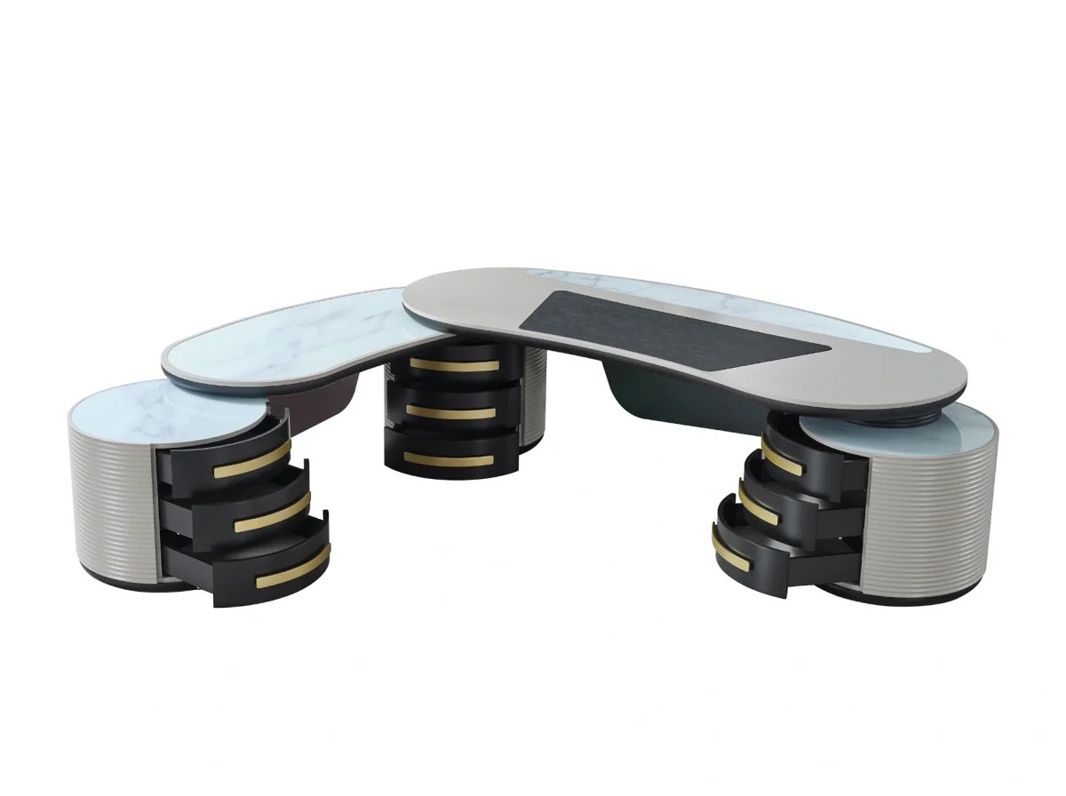 Le bureau Alpha Executive est un chef-d'œuvre du design de bureau moderne. Son plateau spacieux et ses espaces de rangement intégrés lui confèrent une forme élégante et minimaliste, idéale pour les dirigeants d'aujourd'hui.