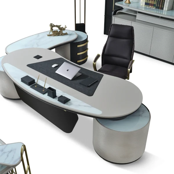 The Alpha Executive Desk is a masterpiece of modern office design. Its spacious surface and integrated storage space offer a sleek and minimalist form for contemporary leaders.