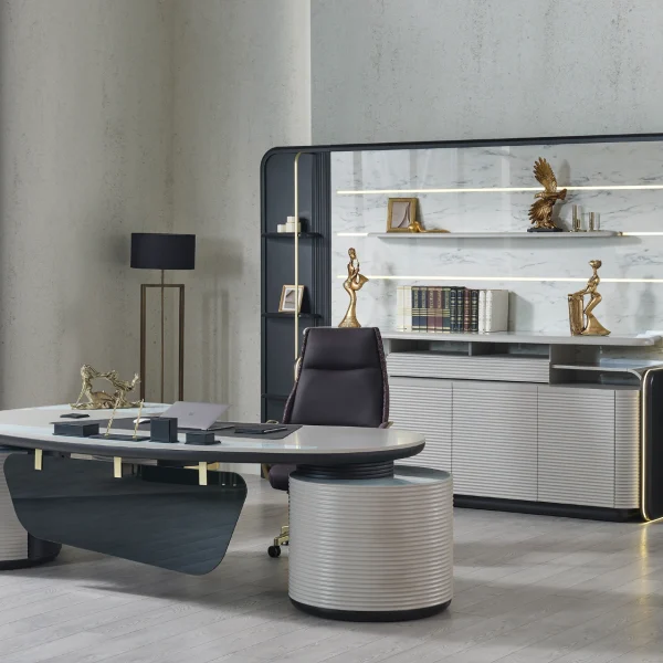 The Alpha Office Set defines modern leadership. The large executive desk, combined with the premium seating group, offers the perfect blend of power and professional comfort.