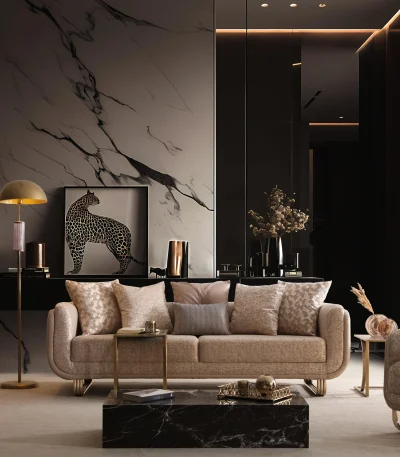 The sophisticated Aluna Sofa arranged in a bright, modern living room with marble wall accents and golden details, embodying an atmosphere of pure prestige.