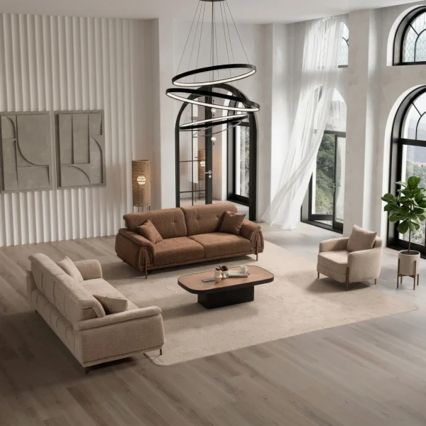 A modern textured fabric sofa featuring linear tufted backrest detailing, soft rounded side armrests supported by slim elegant wooden-accent legs, set in a spacious high-ceiling living room environment.