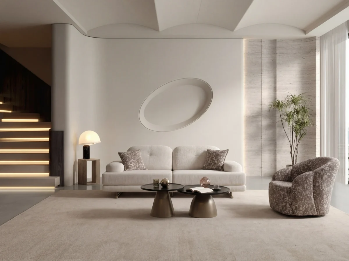 A modern tub-style accent armchair featuring a curved continuous barrel backrest, textured woven upholstery pattern, and a fully upholstered low-profile base set in a sunlit contemporary room layout.