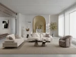 A modern textured fabric sofa featuring a functional multi-position backrest mechanism, linear tufted cushioning, and elegant slender support legs, set in a spacious modern living room layout.