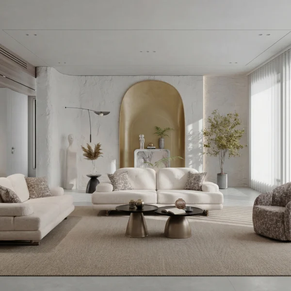 A modern textured fabric sofa featuring a functional multi-position backrest mechanism, linear tufted cushioning, and elegant slender support legs, set in a spacious modern living room layout.