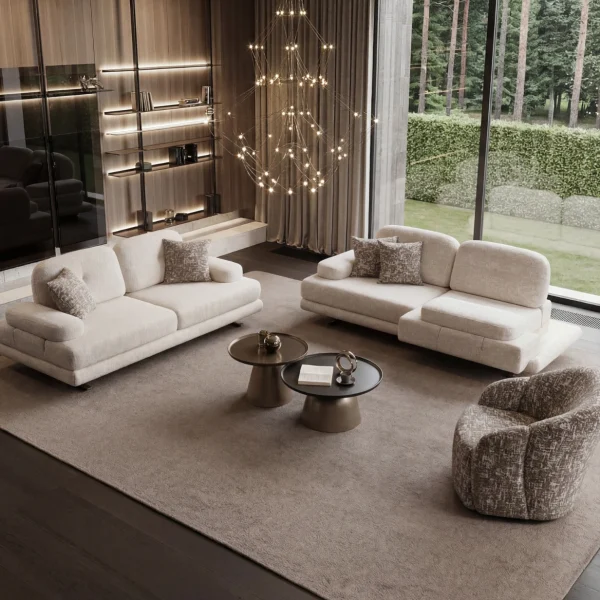 A modern textured fabric sofa featuring a functional multi-position backrest mechanism, linear tufted cushioning, and elegant slender support legs, set in a spacious modern living room layout.