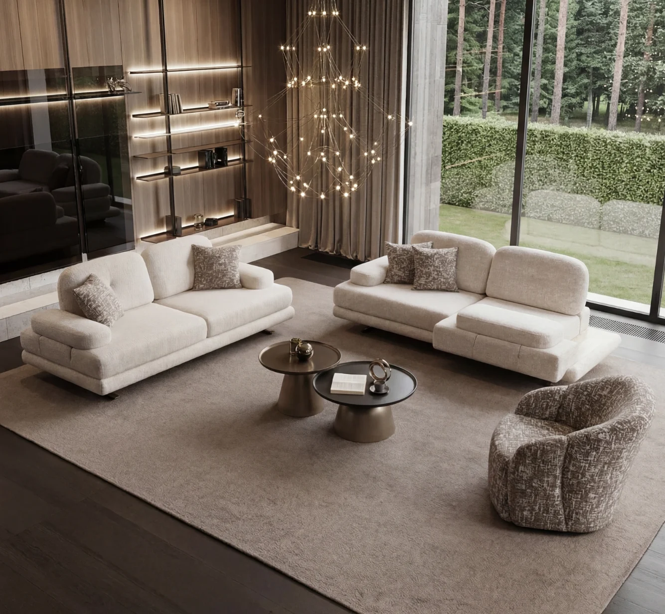 Aura sofa set Comfortable high quality Living room furniture 5 A modern textured fabric sofa featuring a functional multi-position backrest mechanism, linear tufted cushioning, and elegant slender support legs, set in a spacious modern living room layout.