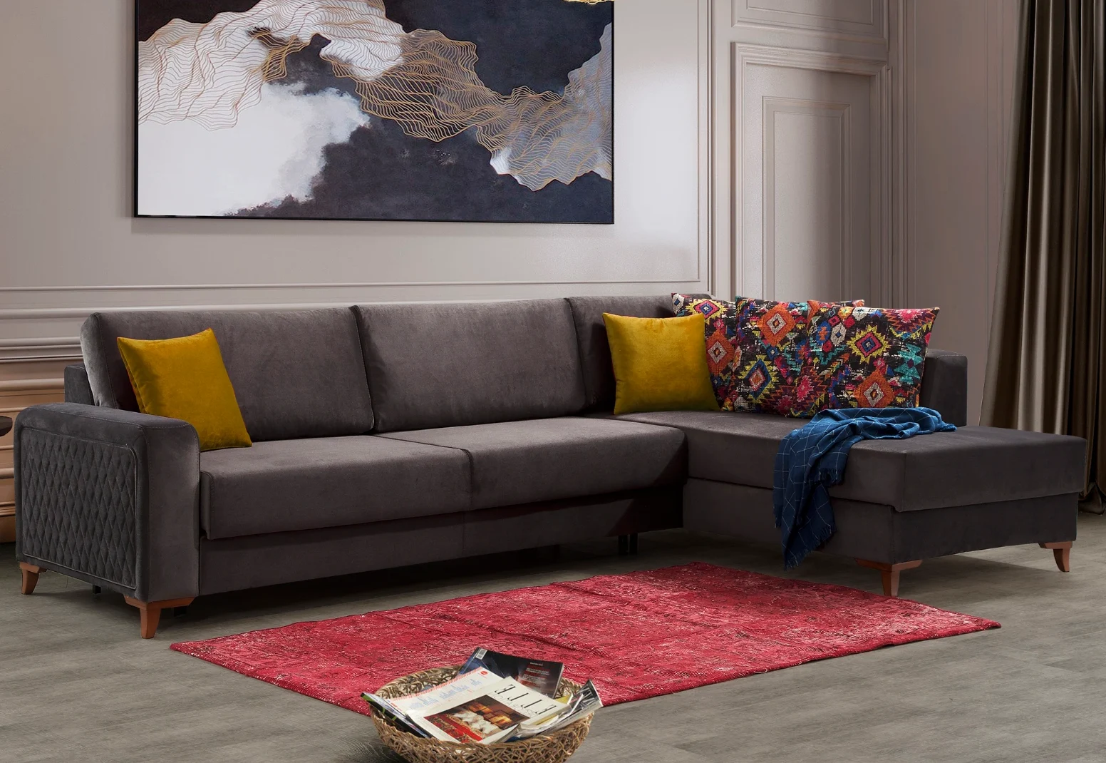 Bria corner sofa with storage and sleeper function Sofaturkey living room furniture 11 Bria Corner Sofa modern charcoal grey sectional sofa featuring quilted outer armrests, colorful throw pillows, and wooden legs.