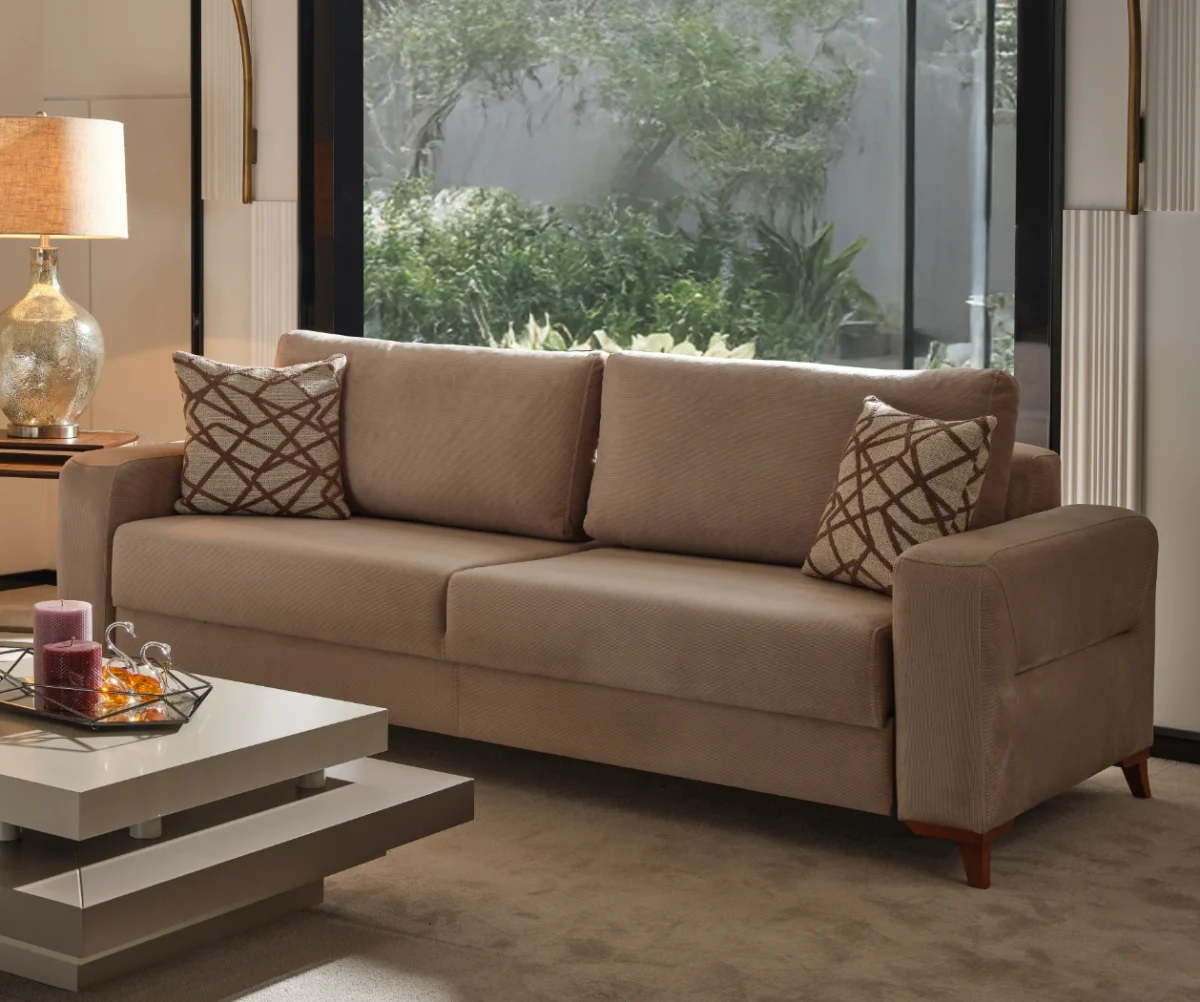 The Bria Sofa is a modern sleeper sofa featuring a built-in storage compartment under the seat and a mechanism that converts it into a bed.