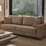 The Bria Sofa is a modern sleeper sofa featuring a built-in storage compartment under the seat and a mechanism that converts it into a bed.
