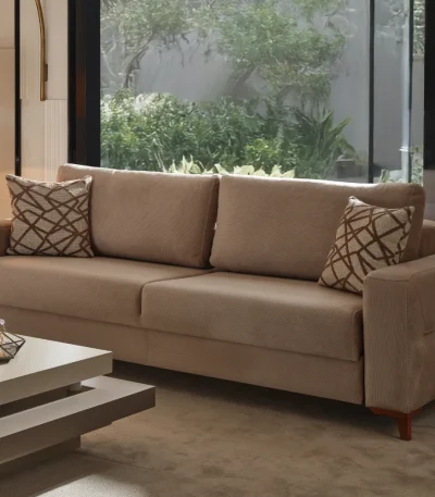 The Bria Sofa is a modern sleeper sofa featuring a built-in storage compartment under the seat and a mechanism that converts it into a bed.