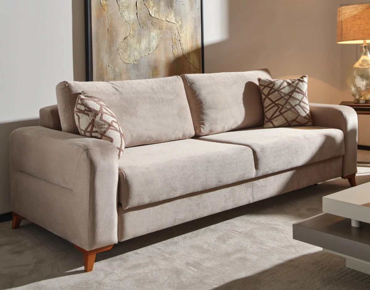 The Bria Sofa is a modern sleeper sofa featuring a built-in storage compartment under the seat and a mechanism that converts it into a bed.
