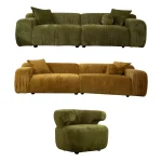 The Rio Sofa set featuring a deep-seated mustard yellow sofa and a matching forest green sofa with plush corduroy-style texture, complemented by a unique curved green armchair in a bright, modern penthouse.