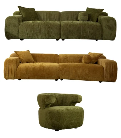 The Rio Sofa set featuring a deep-seated mustard yellow sofa and a matching forest green sofa with plush corduroy-style texture, complemented by a unique curved green armchair in a bright, modern penthouse.