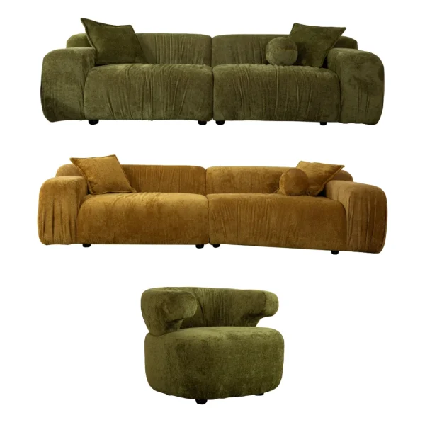 The Rio Sofa set featuring a deep-seated mustard yellow sofa and a matching forest green sofa with plush corduroy-style texture, complemented by a unique curved green armchair in a bright, modern penthouse.