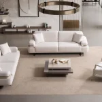 Cora Sofa Set featuring two sofas and an armchair arranged around a coffee table in a modern living room setting.