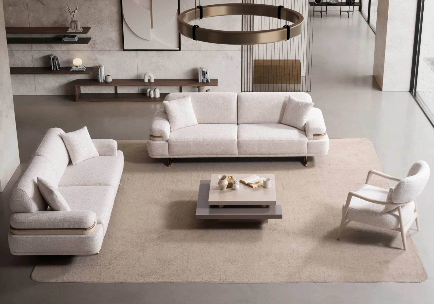 Cora-set-sofa 3 Cora Sofa Set featuring two sofas and an armchair arranged around a coffee table in a modern living room setting.