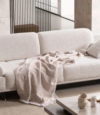 Cora Sofa styled in a modern interior setting with curved armrests and a wide seating surface.