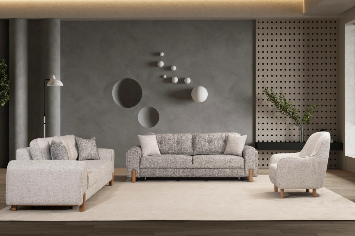 The Elina Sofa Set redefines contemporary lifestyle with its unique textured upholstery and minimalist silhouette. It's designed for those who value both aesthetic elegance and everyday durability.