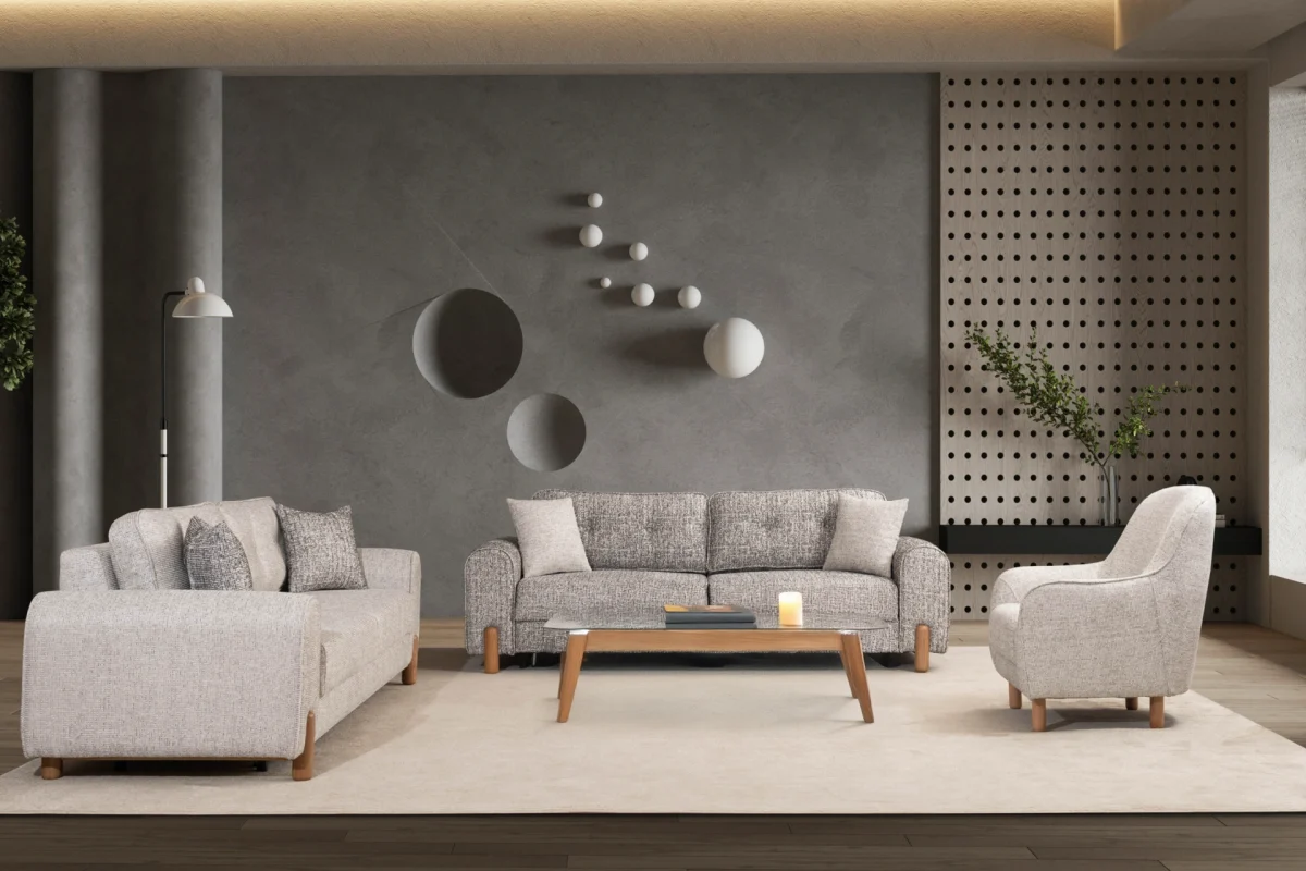 The Elina Sofa Set redefines contemporary lifestyle with its unique textured upholstery and minimalist silhouette. It's designed for those who value both aesthetic elegance and everyday durability.