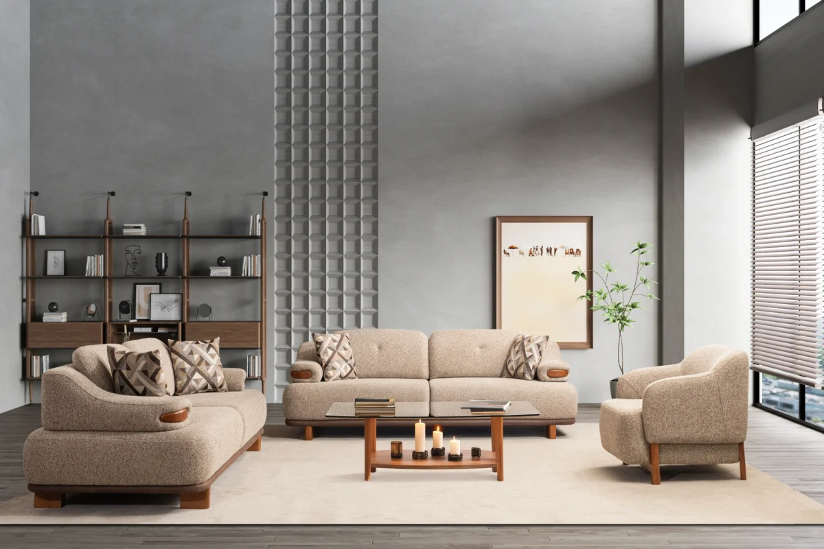 A masterpiece of organic textures and design. The Estelle sofa set stands out with its premium fabric upholstery for a comfortable and luxurious living space.