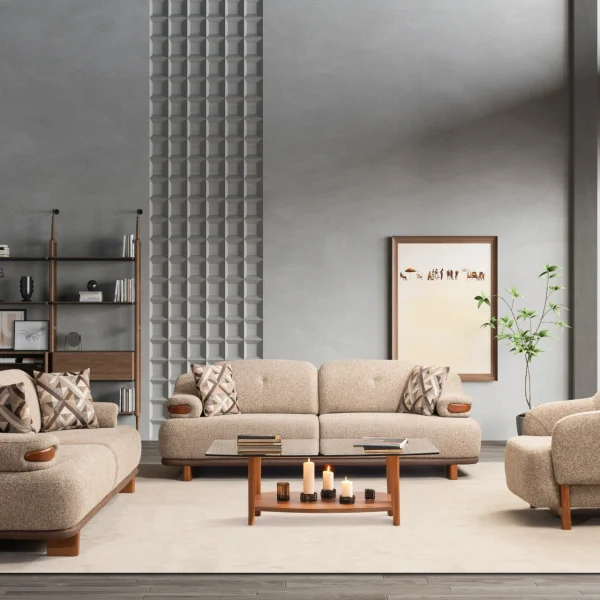 A masterpiece of organic textures and design. The Estelle sofa set stands out with its premium fabric upholstery for a comfortable and luxurious living space.