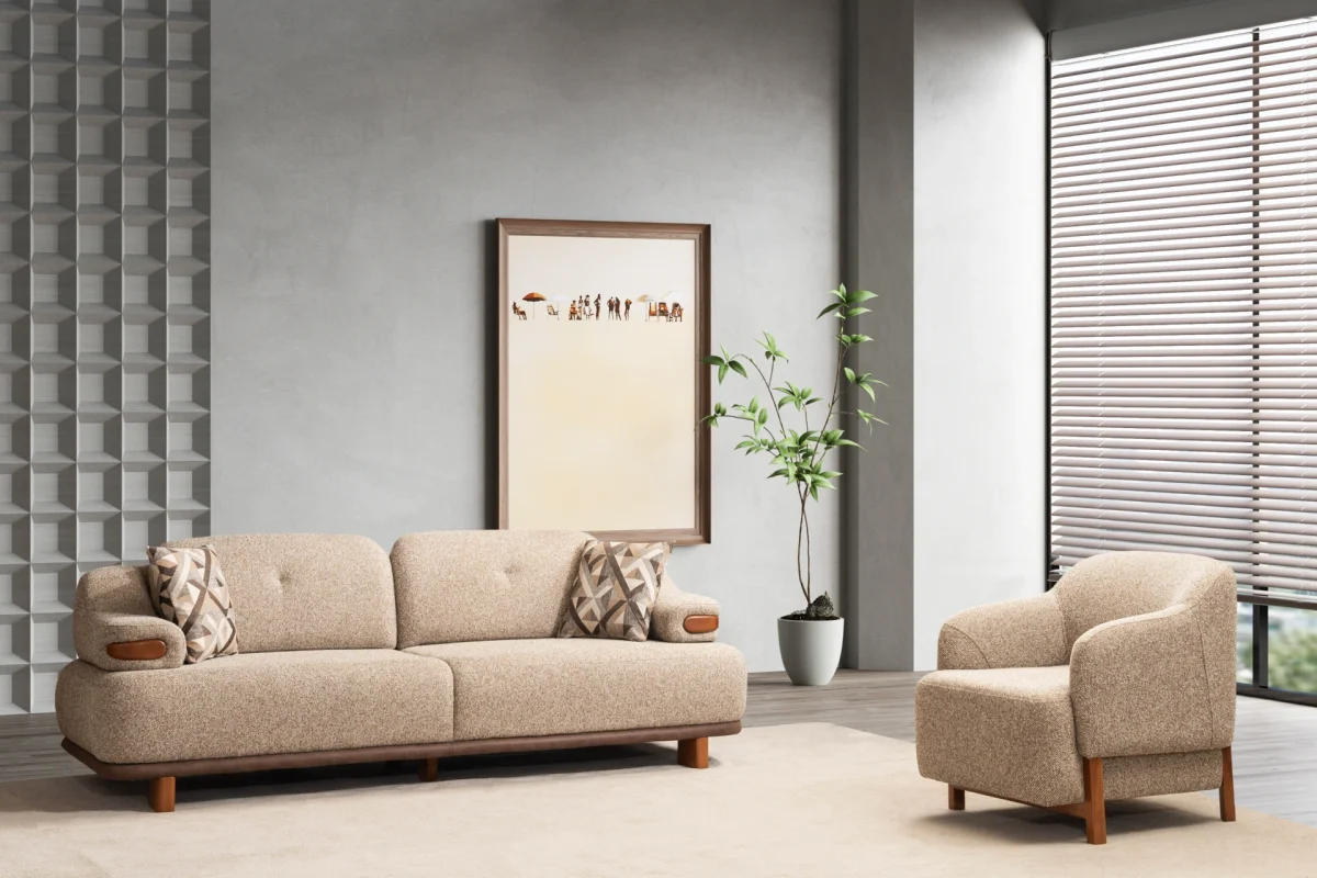 A masterpiece of organic textures and design. The Estelle sofa set stands out with its premium fabric upholstery for a comfortable and luxurious living space.