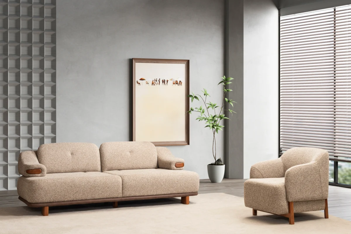 A masterpiece of organic textures and design. The Estelle sofa set stands out with its premium fabric upholstery for a comfortable and luxurious living space.