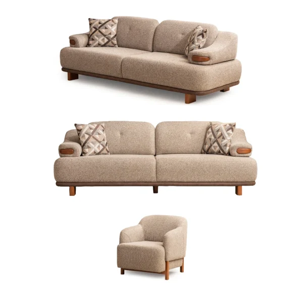 A masterpiece of organic textures and design. The Estelle sofa set stands out with its premium fabric upholstery for a comfortable and luxurious living space.