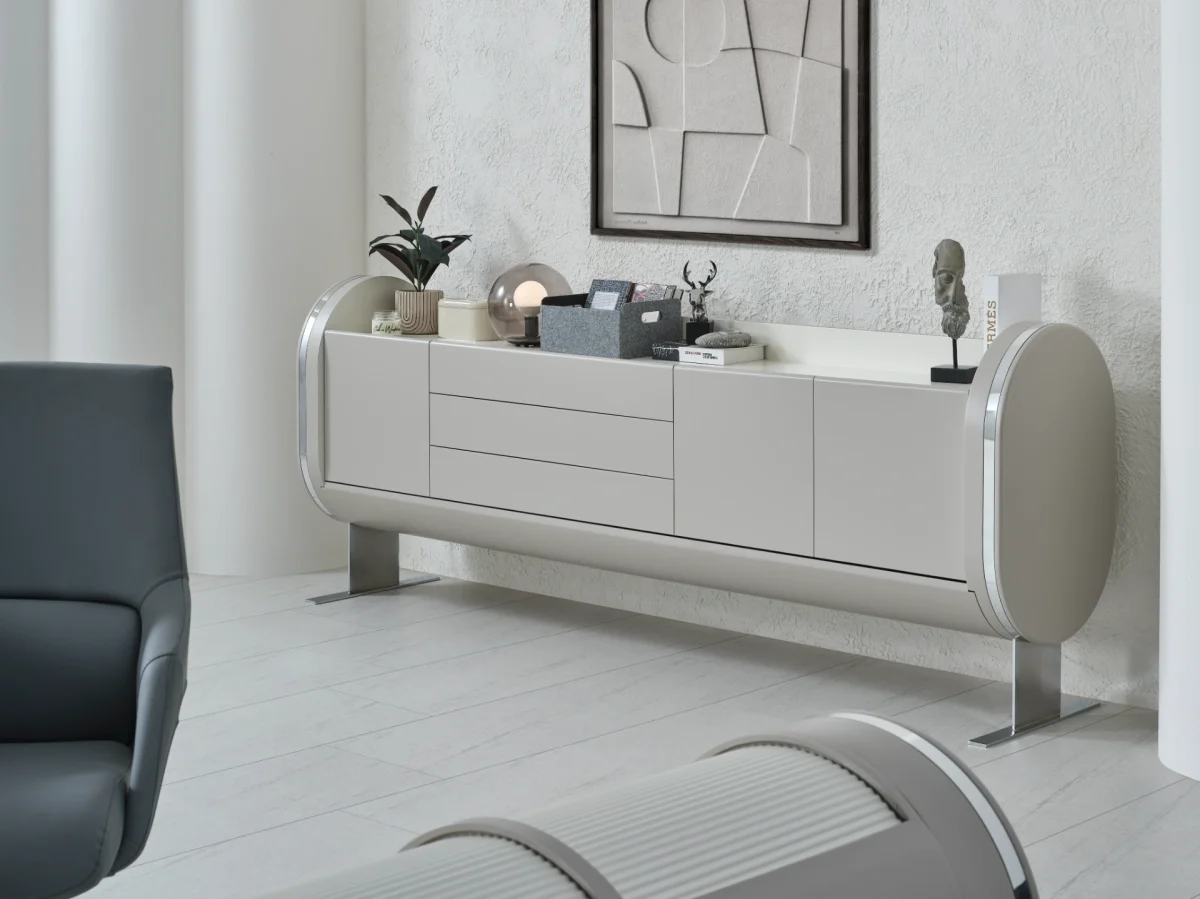 The Freya Office Console is the perfect blend of futuristic design and high-capacity storage. Elevate your executive office with this stylish, streamlined console.