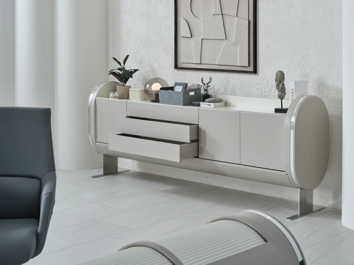 The Freya Office Console is the perfect blend of futuristic design and high-capacity storage. Elevate your executive office with this stylish, streamlined console.
