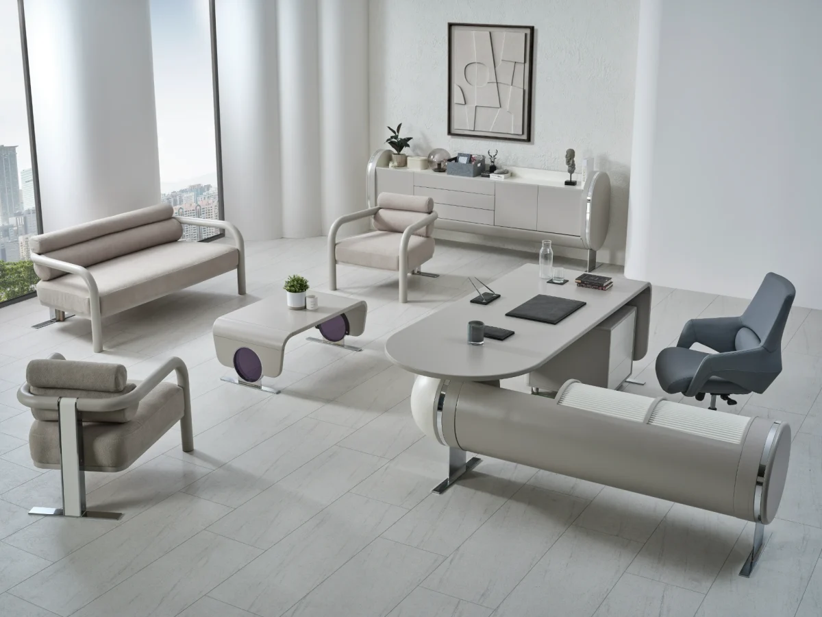 The Freya Office Set combines organic curves with professional elegance. It's a complete, futuristic solution for modern executives who value both avant-garde style and ergonomic comfort.