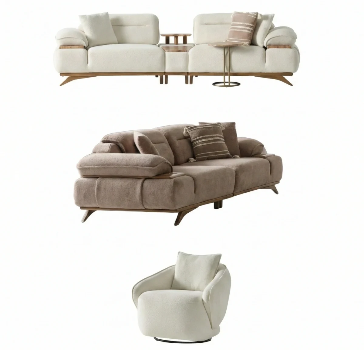 A modern living room featuring the Grace Sofa. The arrangement displays a plush taupe sofa and a matching cream sofa, both designed with distinctive integrated wooden side tables on the armrests and angled wooden legs. A white swivel armchair and a round wooden coffee table complete the cozy, contemporary look of this furniture from Turkey.