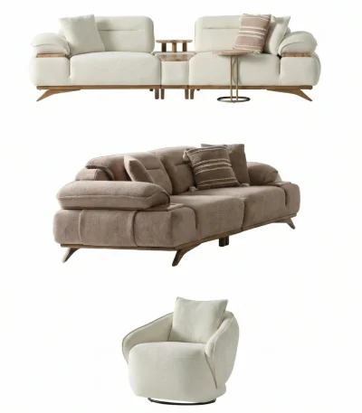 A modern living room featuring the Grace Sofa. The arrangement displays a plush taupe sofa and a matching cream sofa, both designed with distinctive integrated wooden side tables on the armrests and angled wooden legs. A white swivel armchair and a round wooden coffee table complete the cozy, contemporary look of this furniture from Turkey.